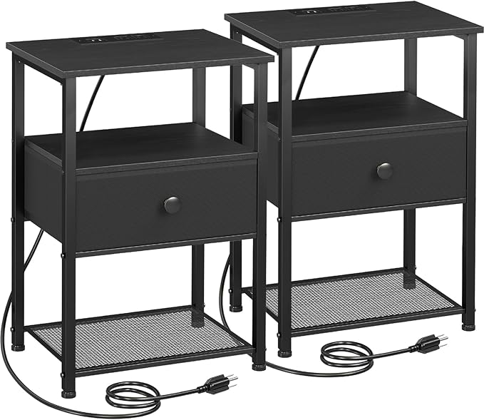 Night Stand Set 2, Black Nightstand with Charging Station, End Tables Living Room with Fabric Drawer for Small Spaces, Side Tables with Storage Shelf for Bedroom, HETS010BK