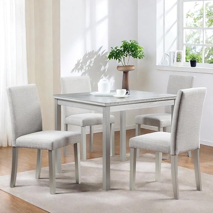 Dining Table Set for 4, 5-Piece Dining Room Table Set with Square Crystal Decoration Table & 4 Upholstered Backrest Chairs, Counter Height Kitchen Sets with Faux Wood Grain Design, Silver Gray
