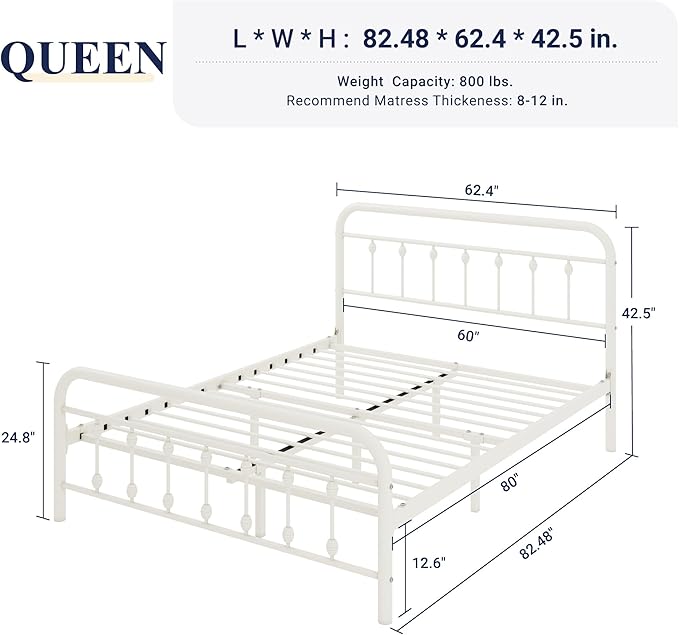 Allewie 14 Inches Queen Size Metal Platform Bed Frame with Victorian Style Iron-Art Headboard/Footboard, Mattress Foundation, Easy Assembly, Under Bed Storage, No Box Spring Required, Off White