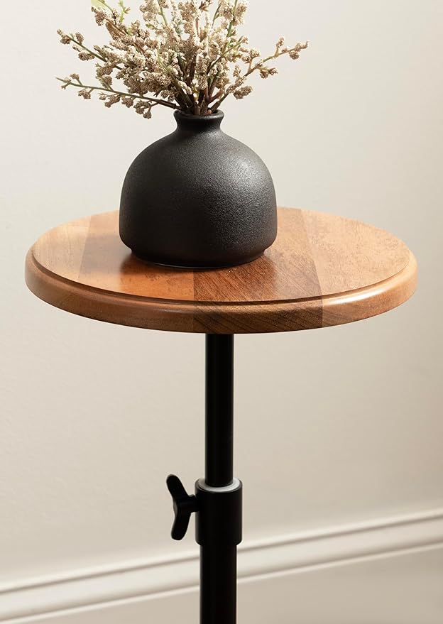 Kate and Laurel Engles Modern Adjustable-Height Pedestal Drink Table; 10 x 10 x 30; Natural Wood and Black; Transitional Round Indoor Metal Plant Stand with Solid Wood Tabletop