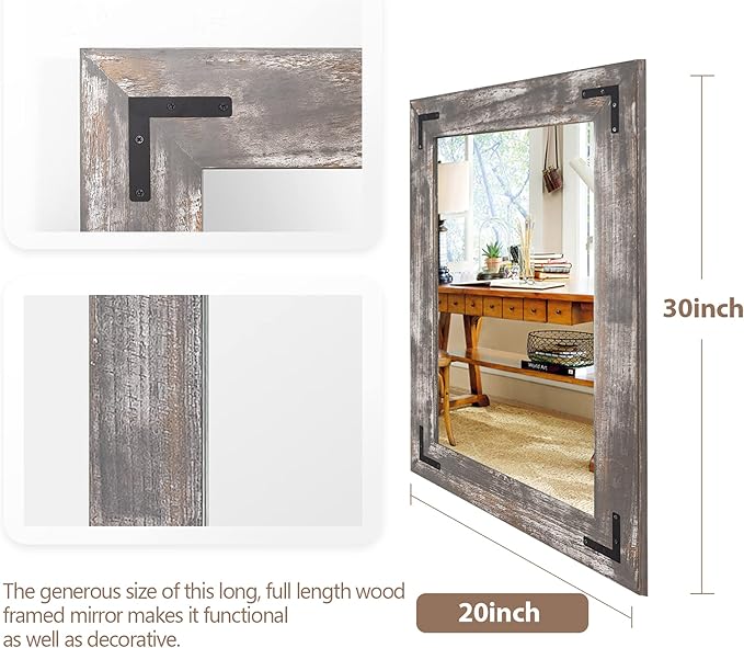 YOSHOOT Rustic Wooden Framed Wall Mirror, 30"x20", Natural Wood Bathroom Vanity Mirror for Farmhouse Decor, Vertical or Horizontal Hanging