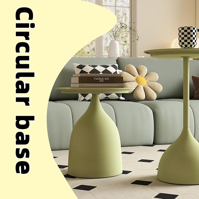 hitsuki Green Nesting Coffee Table Set of 2 Funky Colorful Round Metal End Side Tables for Living Room Sofa Retro Modern Pedestal nightstand Cute Matte Cream Green Side Table