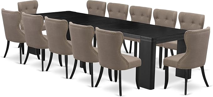 X12SI-006-48 - 13-piece Modern Dining Room Table Set a Rectangular Kitchen Table and 12 coffee Linen Fabric Dining Chair, 39x120 Inch, Wire Brushed Black