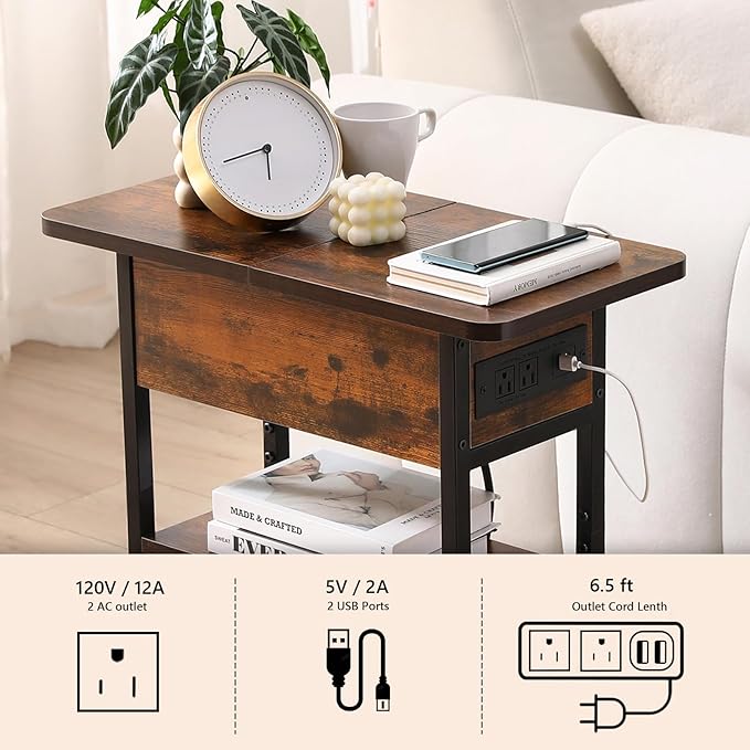 Modern End Table with Charging Station, Narrow Side Table with USB Ports & Outlets, Flip-Top Nightstand with Storage Shelf, Small Bedside Table for Living Room, Bedroom, Small Space,Rustic Brown