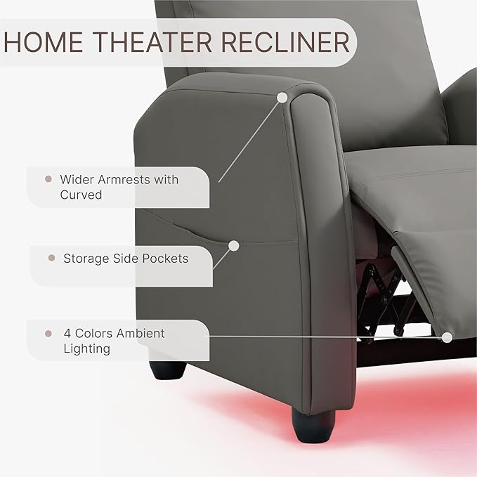 Recliner Chair for Adults PU Leather Push Back Armchair with 4 Colors Ambient Lighting Home Theater Seating with Massage & Heat Vibration Single Sofa for Living Room,Gray