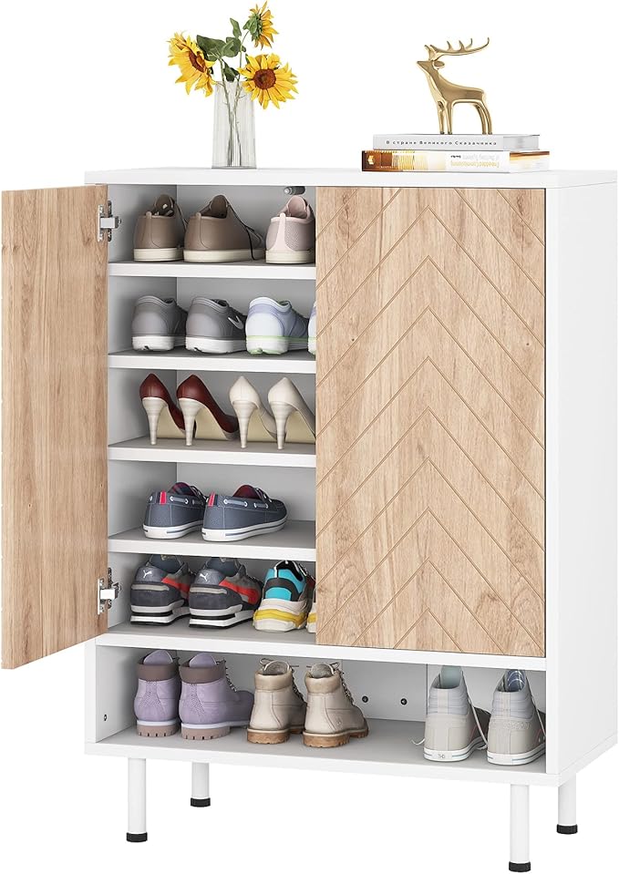 Tribesigns Shoe Cabinet, 18 Pair Rack Organizer Cabinet with Door, 6-Tier Modern Storage Shelves for Entryway Hallway Closet, White and Brown