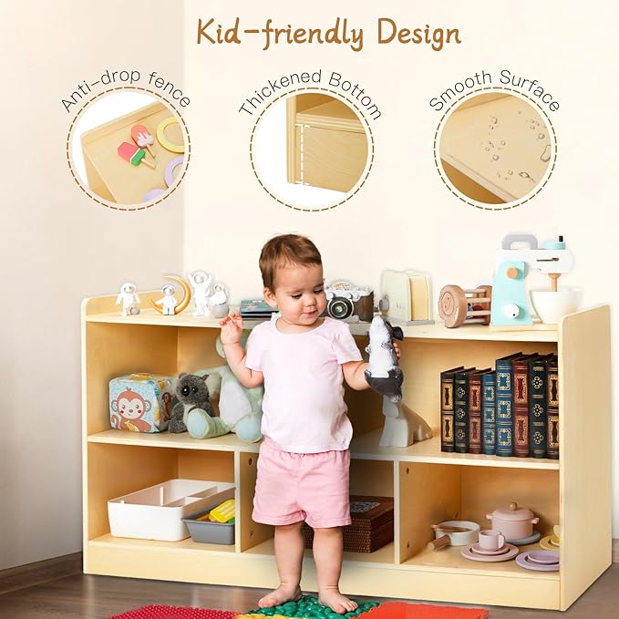 Montessori Shelf, Wooden Toy Storage Organizer for Books Toys, 2 Shelf Bookcase, 5-Section Storage Cabinet, Toddler Book Shelf for Kids Rooms, Playroom, Nursery, Kindergarten (Natural)