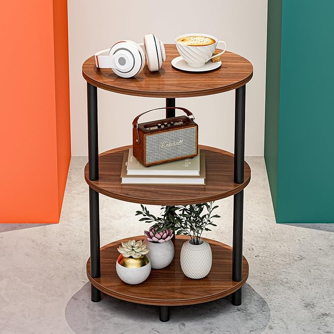 Small Round Side Table - 3-Tier Oval Accent Table for Small Spaces, Rustic Wood and Metal Couch End Table, Nightstand for Bedroom or End Table Living Room, Easy to Assemble, Rustic Walnut