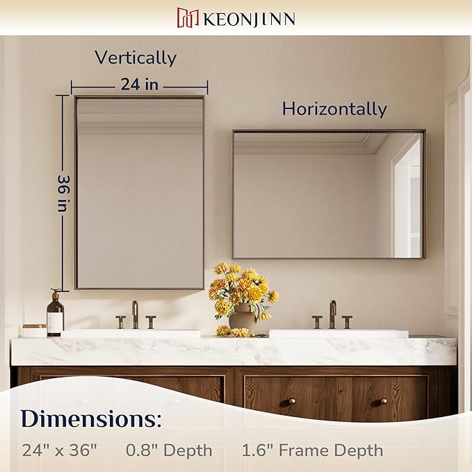 Keonjinn 24 x 36 in Brushed Bronze Bathroom Mirror, Rectangular Metal Frame Farmhouse Wall Mirror, Modern Rectangle Mirrors with Aluminum Alloy Framed for Over Sink(Horizontal/Vertical)