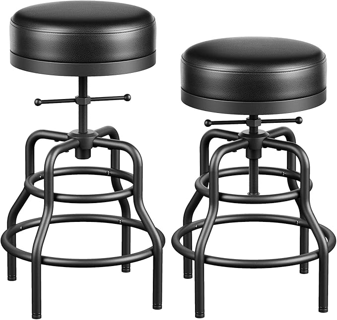 Adjustable Height Swivel Bar Stools Set of 2, 22-29 Inch Industrial Vintage Bar Counter Height Stools with Thicken Premium Bonded Leather Seats & Updated Footrests, Easy Assembly, Black