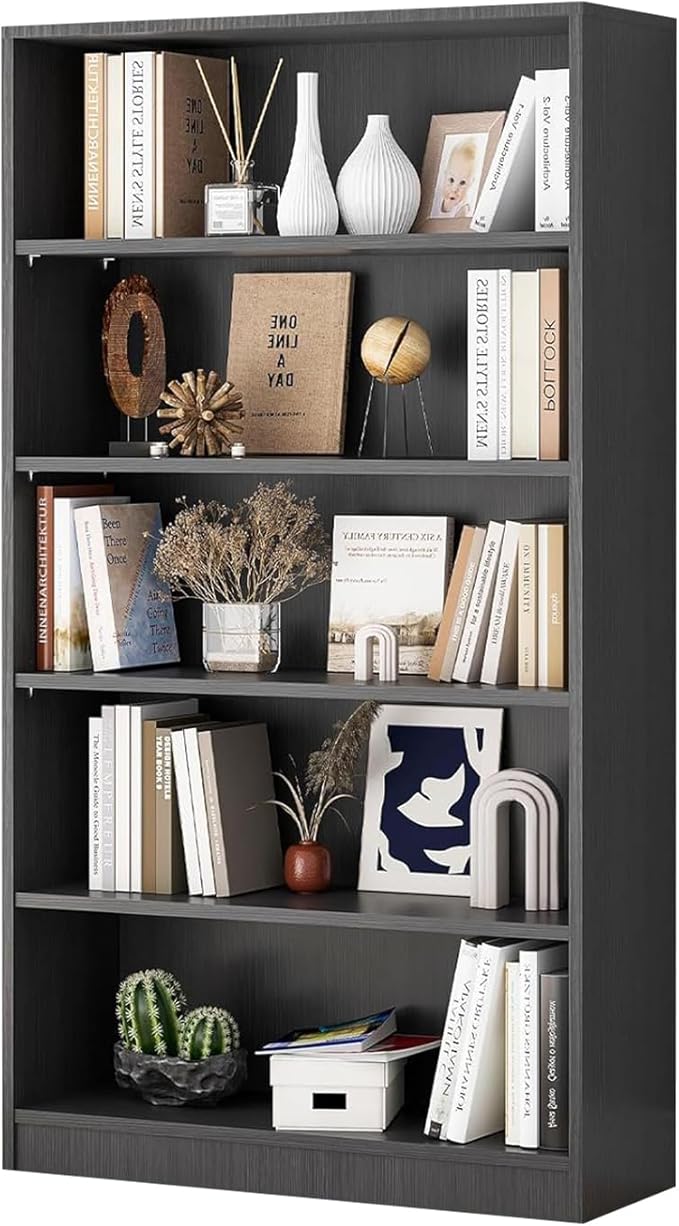 Wooden Bookshelf with Adjustable Shelves, 5 Tier Tall Bookcase for Living Room, Office or Small Spaces,Heavy Dute Bookshelves Storage Organizer, Manga Bookshelf for Collectors,60 Inch,Gray