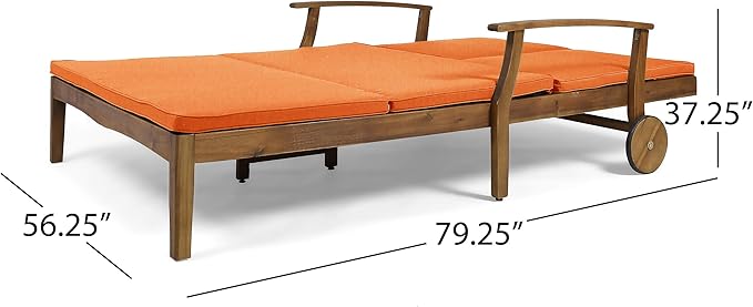 Christopher Knight Home Samantha Double Chaise Lounge for Yard and Patio, Acacia Wood Frame, Teak Finish with Orange Cushions