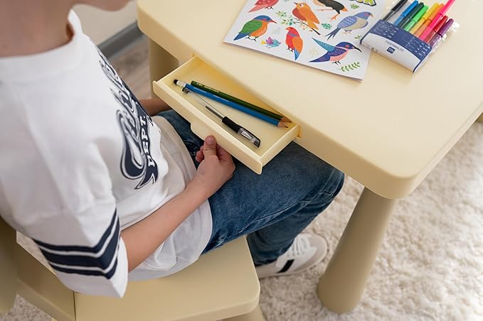 Kids Table and Chairs Set with Storage Drawer, Height-Adjustable Children's Desk for Toddlers, Sturdy Easy-Clean Surface, Safe Rounded Corners, Perfect for Playroom, Study, Arts & Crafts