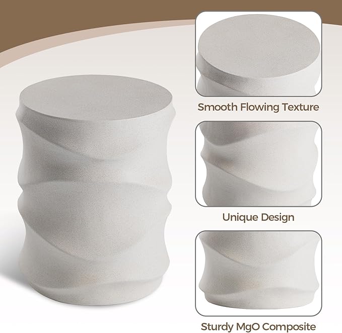COSIEST Outdoor Side Table, 18''H Concrete Side Table for Patio, Streamlined Lightweight Accent Table, Decorative Patio Garden Stools, Plant Stand Drum Table, Round, Spotted White
