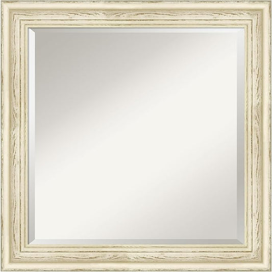 Amanti Art White Bathroom Mirror for Over Sink, 25x25 Country White Wash Square Vanity Mirror, Medium Country Rustic Wood Frame, Hangs Horizonally and Vertically, Bathroom Wall Decor, Beveled Edge
