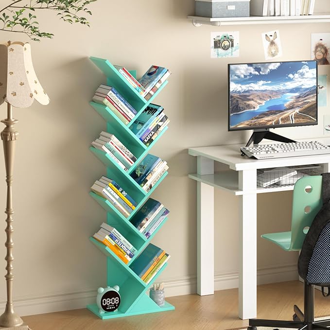 10 Tier Tree Book Shelf, Floor Standing Wood Bookshelf for Narrow Space, Storage Organizer Bookshelves for Books/CDs/Magazine, Bookcase with Shelves for Home Office, Living Room - Green