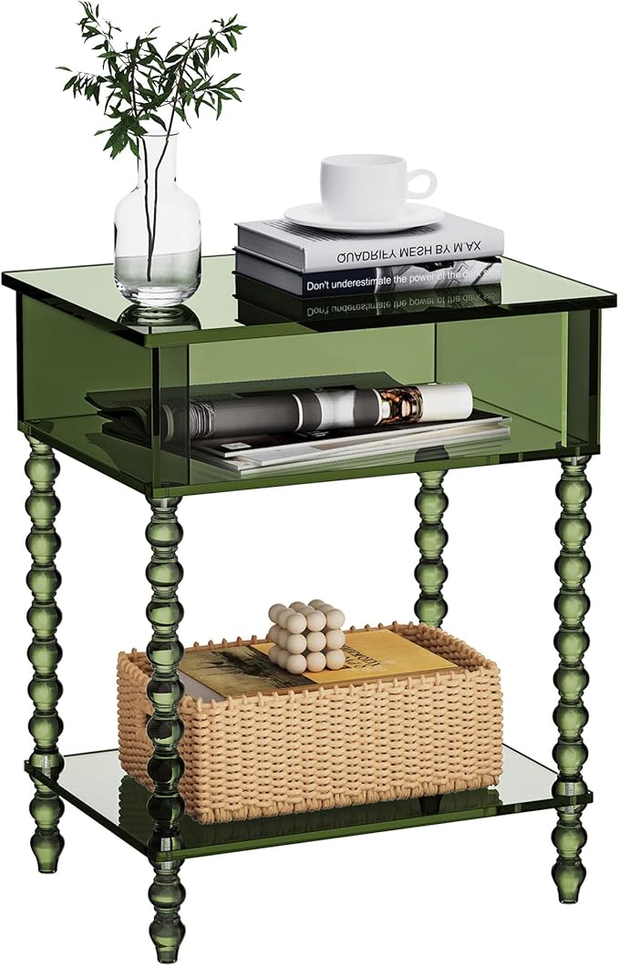Acrylic Side Table, Clear 3-Tier End Table with Storage, Nightstand for Living Room, Bedroom, Office (Green, 11.8 ×15.7 × 19.7)