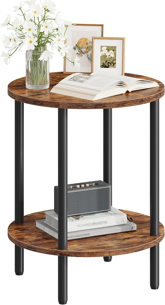 Round Side Table, 2-Tier End Table, Small Side Table with Metal Tube, Industrial Coffee Table, for Living Room, Bedroom, Rustic Brown and Black TBZ11BF