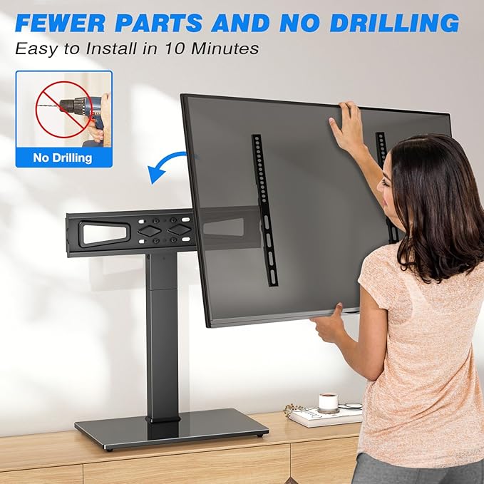 Rfiver Universal Swivel Table Top TV Stand for 37 to 65, 70 75 inch TVs, Height Adjustable Table Top TV Stand Mount with Tilt, Heavy Duty TV Replacement Stand with Tempered Glass Base Up to 110lbs