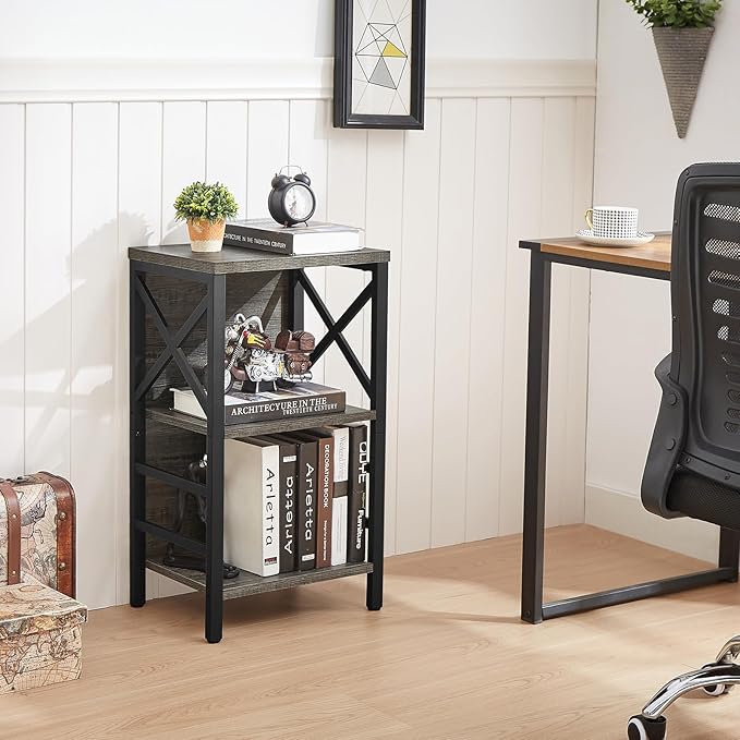 Small Bookcase,3 Tier Industrial Bookshelf with Metal Frame and Backboard,Low Grey Book Shelf,Book case for Small Spaces,Living Room,Bedroom and Home Office