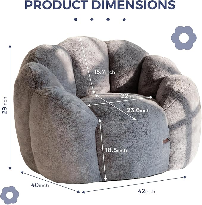 MAXYOYO Bean Bag Chair for Adults, Floral Shaped Bean Bag Sofa, Ultra Soft Faux Fur Floor Sofa, Large Reading Chair for Living Room Bedroom, Dark Grey, Single