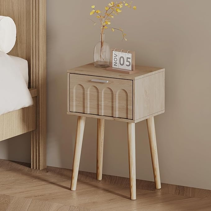 Nightstand Set of 2, Small Bed Side Table with Arch Door, Mid-Century End Table with Wood Legs for Bedroom, Small Space (Natural)