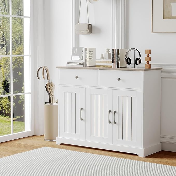 Farmhouse Large Buffet Sideboard Storage Cabinet 42 Inch with Adjustable Shelf, Drawers, and Sliding Barn Doors, Wooden Coffee Bar Kitchen Table for Entryway, Dining Room, and Living Room