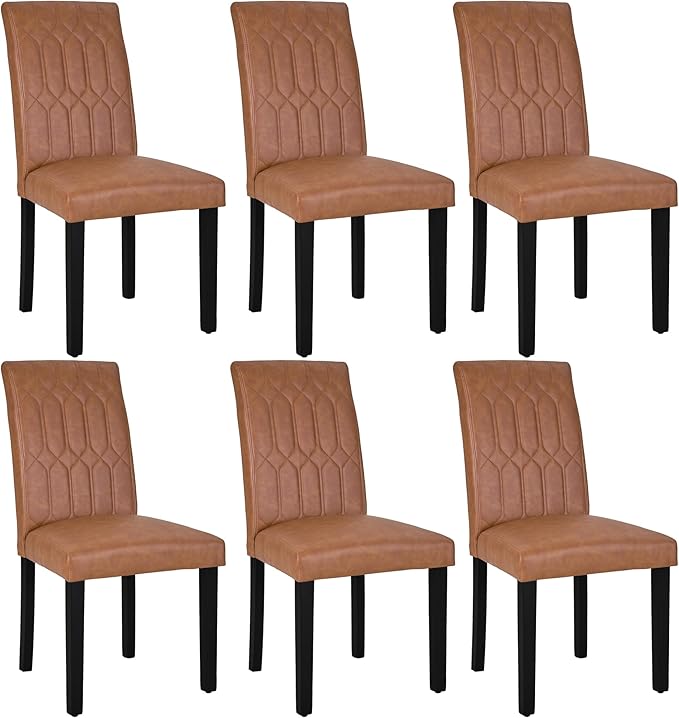 VECELO Upholstered Dining Chairs Set of 6, Modern PU Leather Accent Parsons, Solid Wood Legs w/Rubber Footpads, for Living Room Kitchen, Brown
