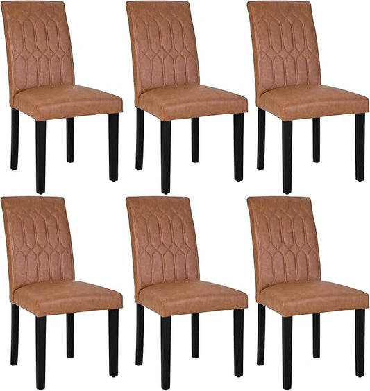 VECELO Upholstered Dining Chairs Set of 6, Modern PU Leather Accent Parsons, Solid Wood Legs w/Rubber Footpads, for Living Room Kitchen, Brown