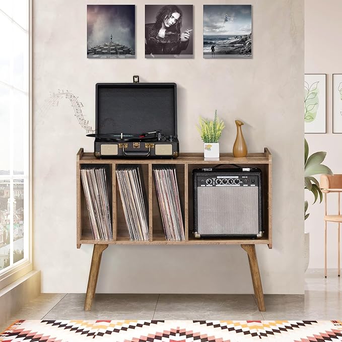 Lerliuo Record Player Stand with 4 Cabinet Holds Up to 220 Albums, Large Turntable Stand with Beech Wood Legs, Mid-Century Record Player Table