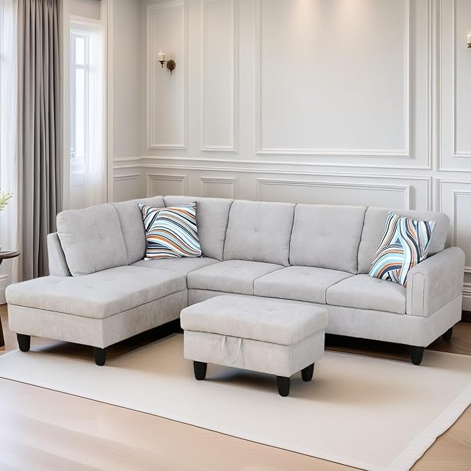 L Shaped Sectional Couches for Living Room, Modular Sectional Sofa with Ottoman Storage, Modern Comfy 4 Seat L Shaped Couch with Chaise for Bedroom Apartment Furniture, Gray