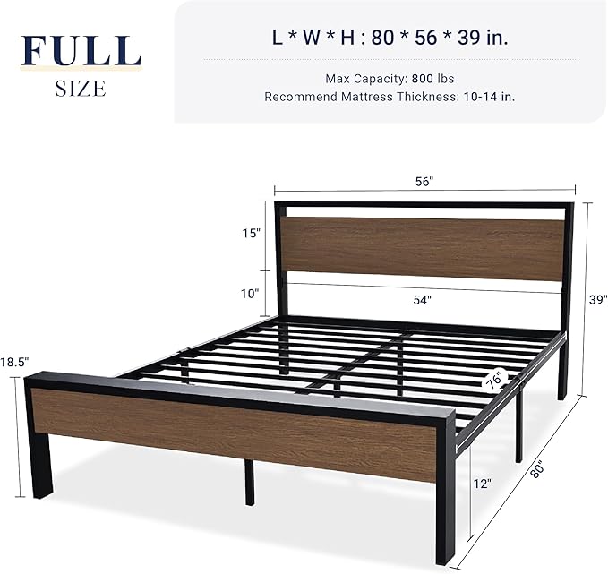 Allewie Full Size Platform Bed Frame with Wooden Headboard and Footboard, Heavy Duty 12 Metal Slats Support, No Box Spring Needed, Under-Bed Storage, Noise Free, Easy Assembly, Walnut