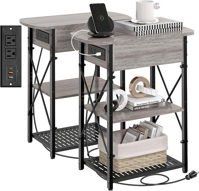 Narrow Side Table with Charging Station, End Tables Set of 2 for Small Spaces, Flip Top End Table with Storage, End Tables Living Room, Nightstand Set 2 with Drawer for Bedroom, Grey