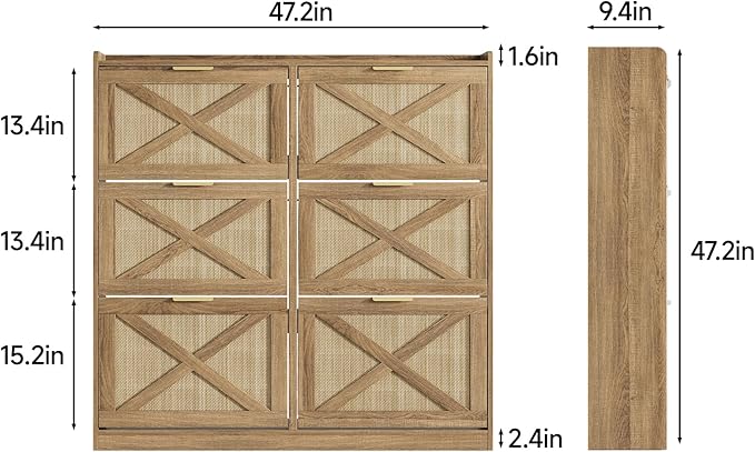 Maupvit Large Shoe Storage Cabinet with 6 Rattan Flip Drawers, Freestanding Organizer with Metal Legs for Entryway, Narrow Shoe Rack Cabinet, Hidden Golden Handles, Rustic Oak Rattan