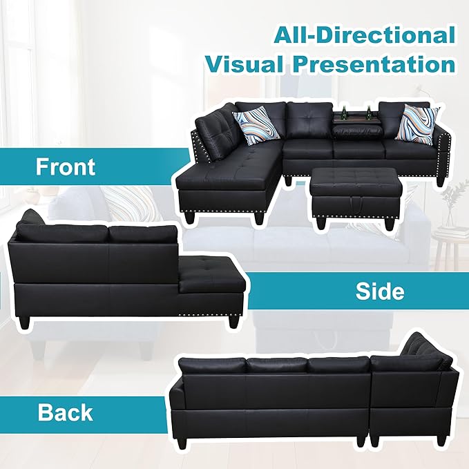 L Shaped Couch Faux Leather Sectional Couch Upholstered 3 Pieces Sofas for Living Room with Chaise, Storage Ottoman for Office and Small Apartment, Graceful Black
