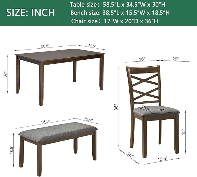 soges 6 Piece Kitchen Dining Set, Rectangular Wooden Dining Table with 4 Upholstered Chairs and a Bench, Morden Dining Table Set for 6 People, Living Room, Home Bar and Kitchen, Walnut