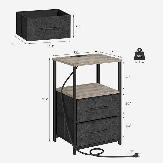 TUTOTAK LED End Table with Charging Station, Nightstand with Cloth Drawer, Side Table with 1 USB Port and 1 Type-C Port, Set of 2, Couch Table, Greige TB01BG052L