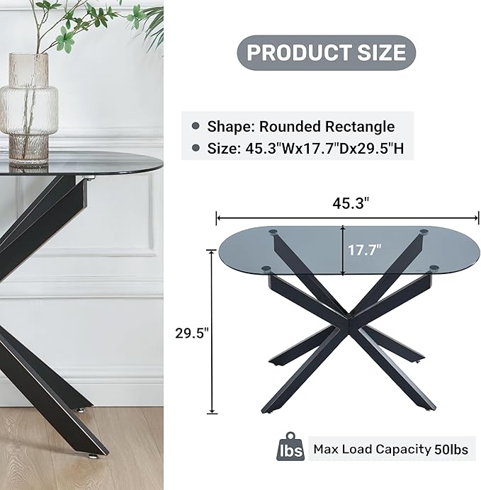 Modern Glass Oval Console Table, Entryway Hallway Narrow Sofa Table, Entrance for Entryway, Living Room, Foyer, Hallway, Office， 45" Lx18 Wx30 H Black