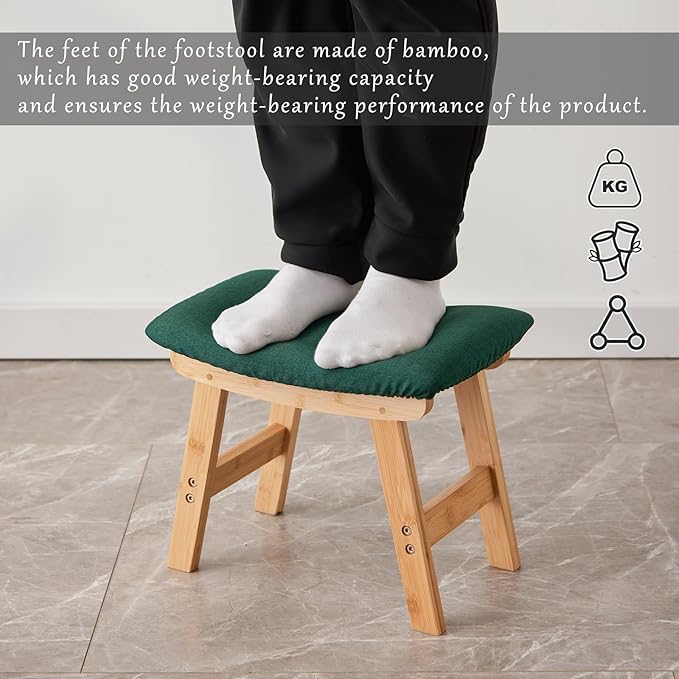 Foot Stool,Ottoman,Bamboo Small Sofa Foot Rest Under Desk,Extra Seating for Living Room, Bedroom and Kitchen (Natural Stool Legs - Green Surface)