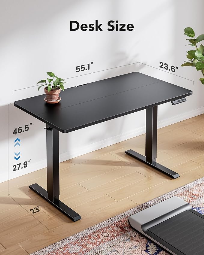 HUANUO 55" x 24" Electric Standing Desk Adjustable Height, 4 Memory Height Settings, Headphone Hook, Cable Manager, Sit Stand Up Desk for Home Office & Computer Workstation, Black