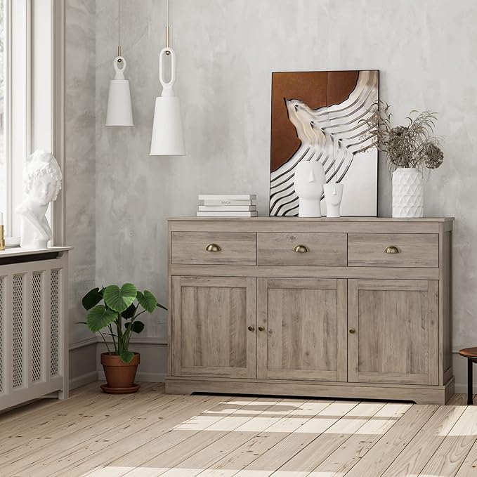 Keyluv Buffet Storage Cabinet, Sideboard Farmhouse Server Bar Wine Cabinet with 3 Drawers & 3 Doors Adjustable Shelves Console Table for Kitchen, Dining Living Room Cupboard, Grey Wash