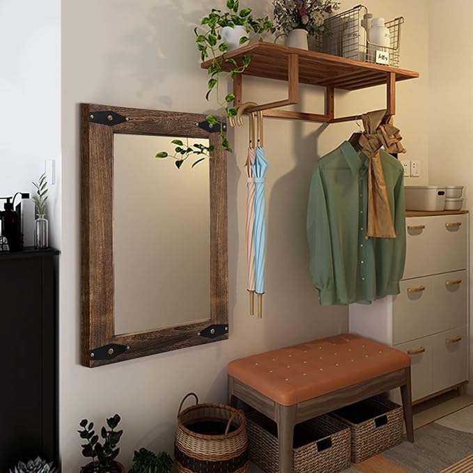 Farmhouse Rustic Mirror Wood Framed for Bathroom, Decorative Bathroom Mirror for Wall Wood, Wall Mounted Rectangular Mirror for Bedroom Living Room, Wood Mirror 24x36 Inch