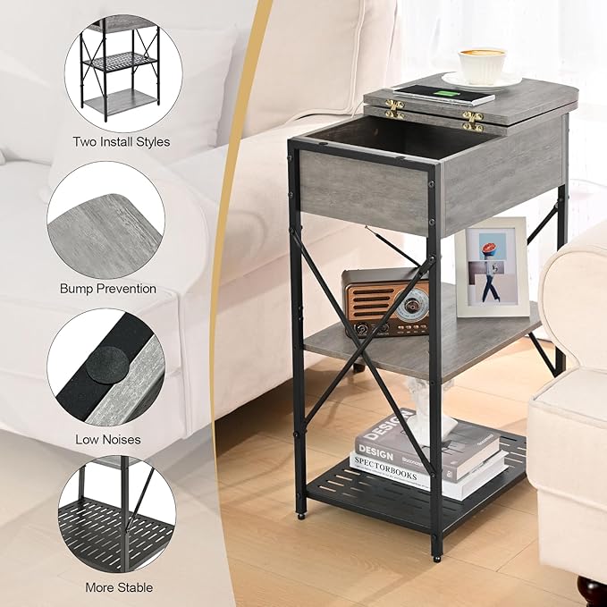 Narrow Side Table with Charging Station, End Tables Set of 2 for Small Spaces, Flip Top End Table with Storage, End Tables Living Room, Nightstand Set 2 with Drawer for Bedroom, Grey