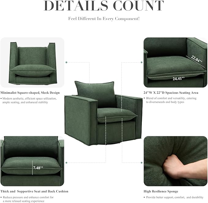 Swivel Accent Chair, 34 Inches Wide Upholstered Arm Chair with Plump Back Pillow, Modern Sofa Living Room Chair for Bedroom, Corner, Reading Nook-Green