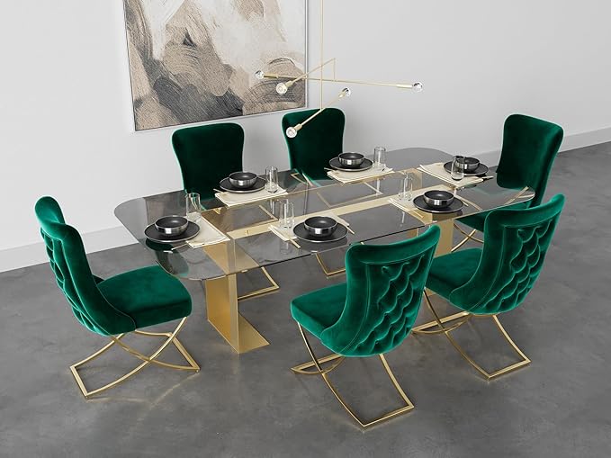 Ottomanson Royal Dining Chairs Set of 4 – Upholstered Tufted Microfiber, Assembled, Gold Metal Legs, Beech Wood Frame, 350 lb Capacity, Green