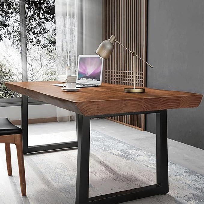 Modern Minimalist Solid Wood Office Desk with Metal Base Easy to Assemble Durable Writing Table Dining Table Computer Desk Multiple Ideal for Living Room and Dining Room (55inch)