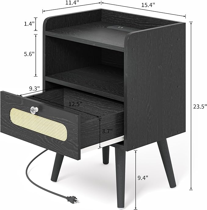 End Table Set of 2 with Charging Station, Diamond Décor Nightstands Set of 2, Bedside Table Set of 2 with Solid Wood Legs, Black