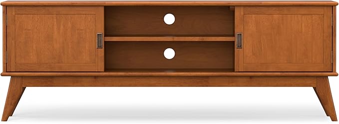 SIMPLIHOME Draper Solid Hardwood 72 inch Wide Mid Century Modern TV Media Stand in Teak Brown for TVs up to 80 inches for The Living Room and Entertainment Center