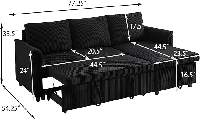 Ball & Cast L-Shape Reversible Sectional Sleeper Sofa Bed 4 in 1 Pull Out Couch with Storage Chaise&Removable Backrest,Convertible Sleeper Corner Couch Pull-Out Sofa Bed for Living Room,Corduroy,Black
