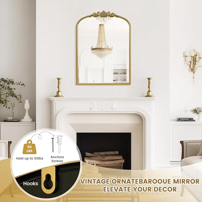 WallBeyond Gold Vintage Mirror - 22x30 Inch, Arched Antique Mirror with Ornate Frame for Bathroom, Living Room, Fireplace, Entryway
